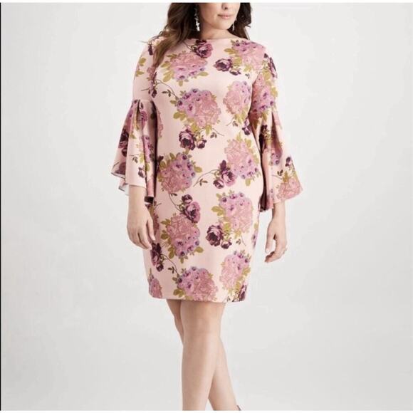 Betsey Johnson Floral‎ Sheath Mini Dress 3/4 Bell Sleeves Pink Zip Up Size 14W - Picture 1 of 10